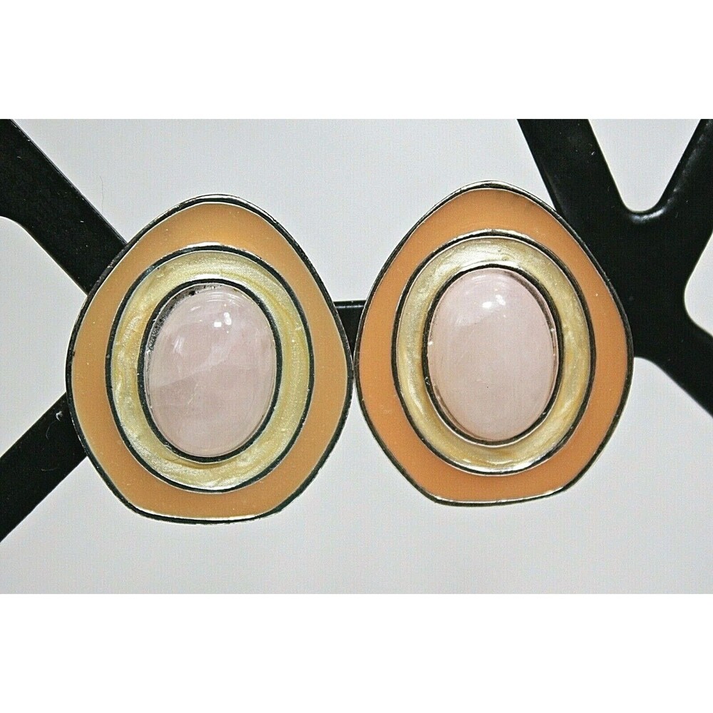 VTG Signed CS CELIA SIBIRI For AVON Earrings Silver Tone Enamel Rose Quartz 1987